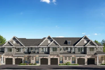 Row of townhomes at South River by Granite Homes in Elora