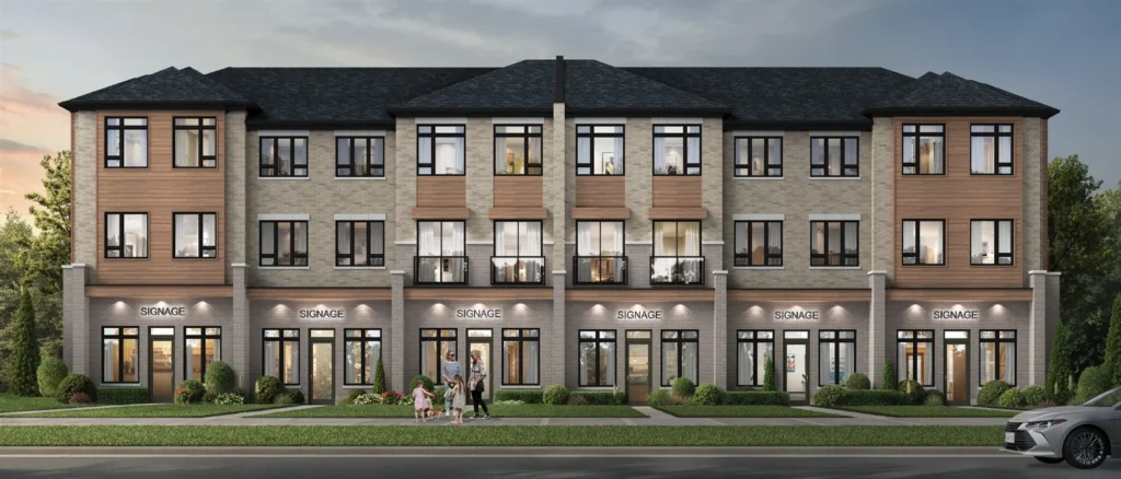 Brick townhome elevation at WestHaven at Country Lane by Andrin Homes in Whitby