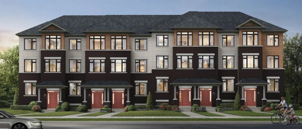 Three-storey townhomes with two-car garages at WestHaven at Country Lane by Andrin Homes in Whitby