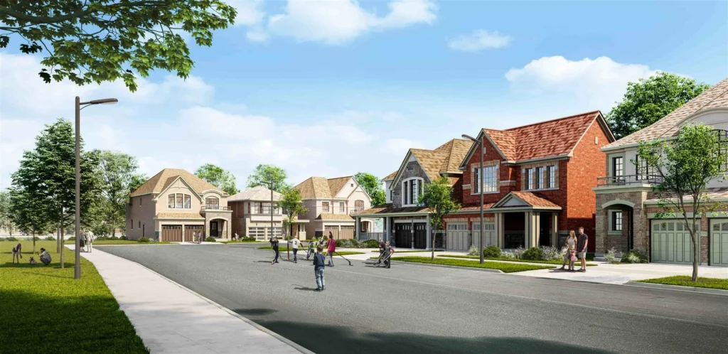 Tree-lined community street at Whitby Meadows by Great Gulf in Whitby