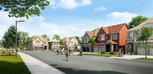 Tree-lined community street at Whitby Meadows by Great Gulf in Whitby