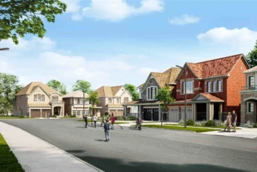 Tree-lined community street at Whitby Meadows by Great Gulf in Whitby
