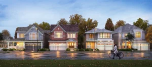 Streetscape of detached homes at Whitby Meadows by Great Gulf in Whitby