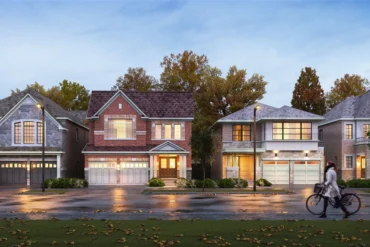 Streetscape of detached homes at Whitby Meadows by Great Gulf in Whitby