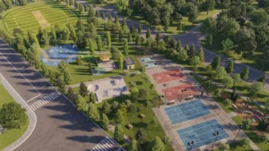 Aerial view of the community park at Wildfield Village by Solmar in Caledon
