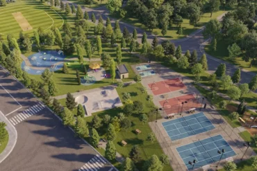 Aerial view of the community park at Wildfield Village by Solmar in Caledon